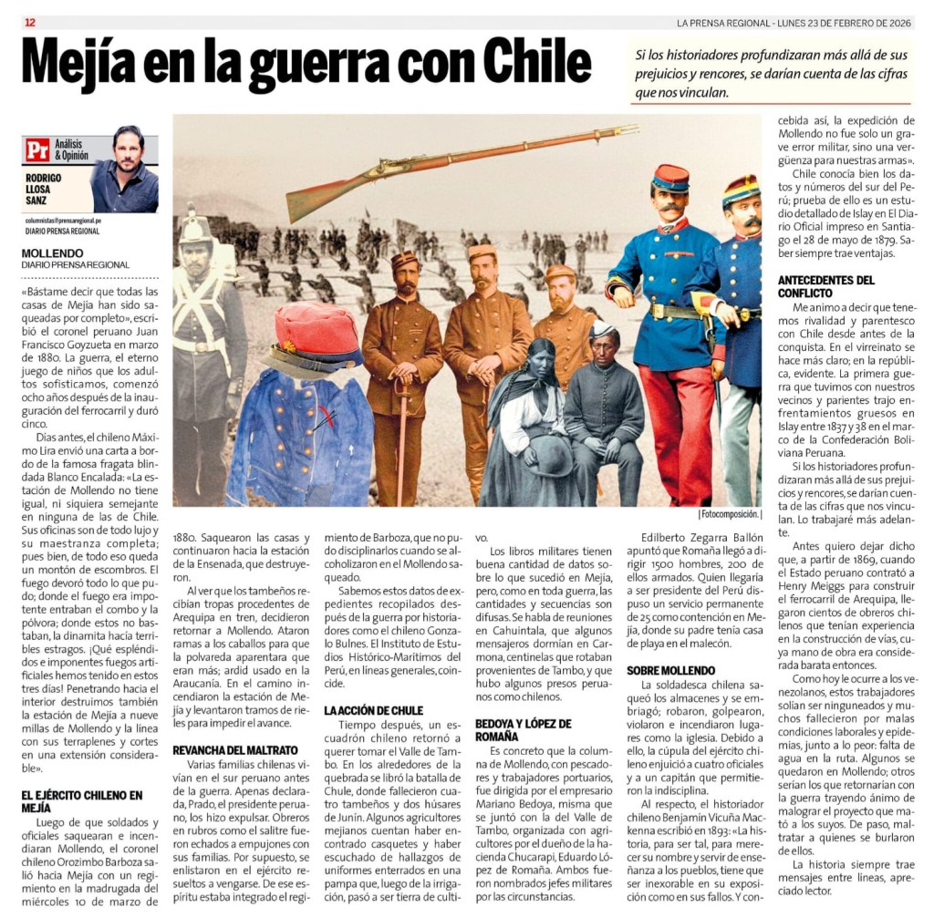 Mejía en la guerra con Chile, prensa impresa, 23 Febrero 2026