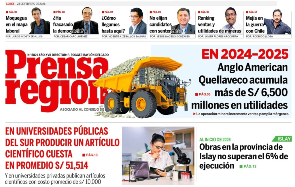 Diario Prensa regional Perú Prensa Regional, Portada 23 Febrero 2026