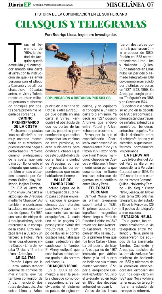 Chasquis y telegramas, Rodrigo Llosa, Diario EP, Arequipa