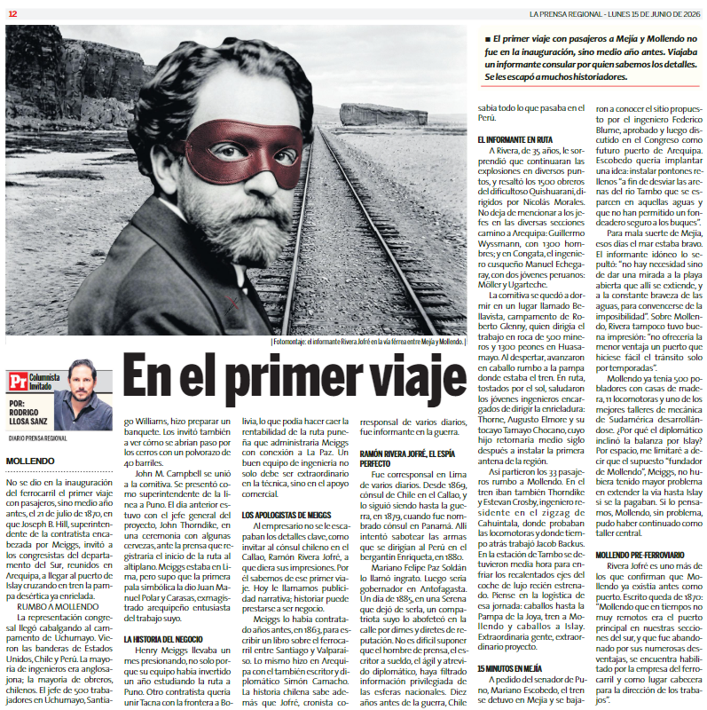 Primer viaje en tren a Mollendo y a Mejía, Prensa Regional, 15 Junio 2026